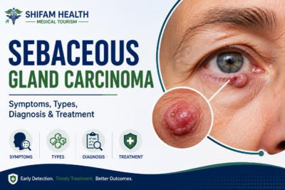 Sebaceous gland carcinoma infographic showing symptoms, types, diagnosis, and treatment.
