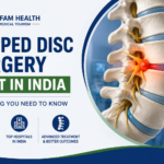 Slipped disc surgery cost in India with spine illustration showing herniated disc and treatment.