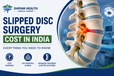 Slipped disc surgery cost in India with spine illustration showing herniated disc and treatment.