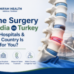 Spine surgery in India vs Turkey comparison showing cost, hospitals, and treatment options with spine illustration.