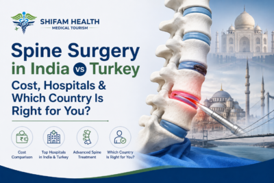 Spine surgery in India vs Turkey comparison showing cost, hospitals, and treatment options with spine illustration.