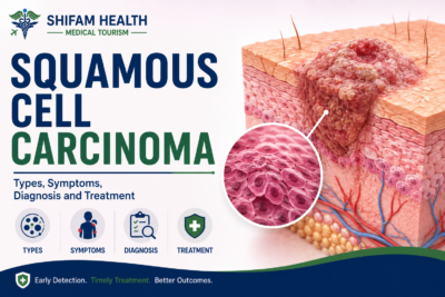 Squamous cell carcinoma infographic showing types, symptoms, diagnosis, and treatment.
