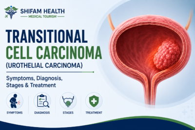 Transitional cell carcinoma (urothelial carcinoma) infographic showing symptoms, diagnosis, stages, and treatment.