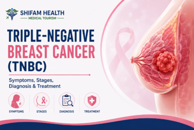 Triple-negative breast cancer (TNBC) infographic showing symptoms, stages, diagnosis, and treatment.