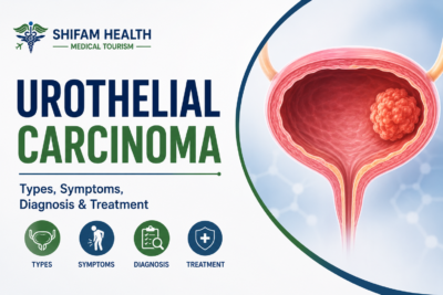 Urothelial carcinoma infographic showing types, symptoms, diagnosis, and treatment.