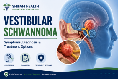 Vestibular schwannoma infographic showing symptoms, diagnosis, and treatment options.