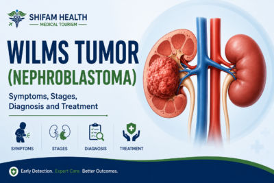 Wilms tumor (nephroblastoma) infographic showing symptoms, stages, diagnosis, and treatment.