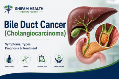 Bile duct cancer (cholangiocarcinoma) infographic showing symptoms, types, diagnosis, and treatment.