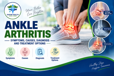 Ankle arthritis illustration showing ankle pain, cartilage wear, bone spurs, inflammation, and treatment concepts.