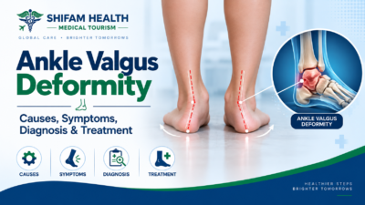 Ankle valgus deformity infographic showing ankle misalignment, causes, symptoms, diagnosis, and treatment.