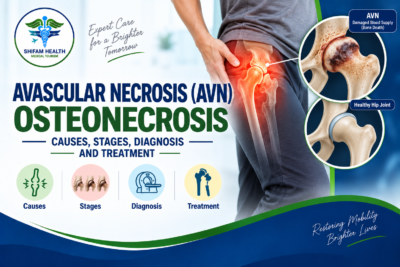 Avascular necrosis (AVN) or osteonecrosis illustration showing hip bone damage, reduced blood supply, healthy and affected hip joints, and treatment concepts.