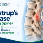 Baastrup’s Disease (Kissing Spine) infographic showing symptoms, causes, diagnosis, and treatment, with a highlighted area where spinal processes come into contact.