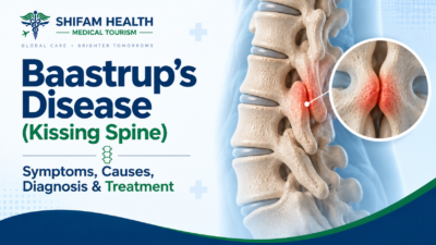 Baastrup’s Disease (Kissing Spine) infographic showing symptoms, causes, diagnosis, and treatment, with a highlighted area where spinal processes come into contact.