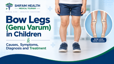 Bow Legs (Genu Varum) in Children infographic showing outward leg curvature, causes, symptoms, diagnosis, and treatment.