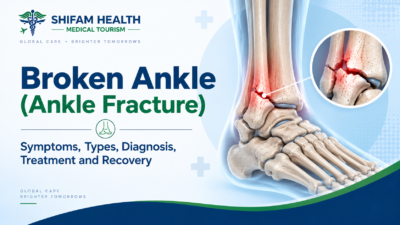 Broken ankle (ankle fracture) infographic showing symptoms, types, diagnosis, treatment, and recovery with a highlighted ankle fracture.