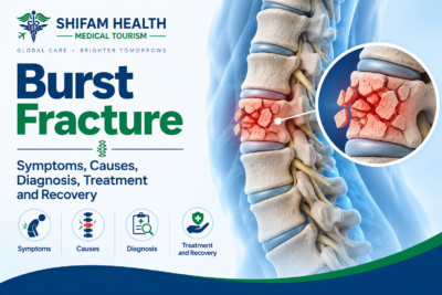 Burst fracture infographic showing symptoms, causes, diagnosis, treatment, and recovery with a highlighted fractured vertebra.