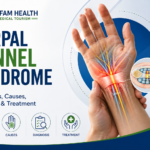 Carpal Tunnel Syndrome infographic showing symptoms, causes, diagnosis, and treatment.