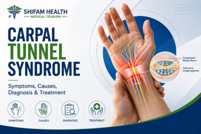 Carpal Tunnel Syndrome infographic showing symptoms, causes, diagnosis, and treatment.
