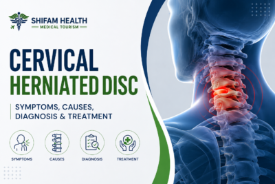 Cervical herniated disc infographic showing symptoms, causes, diagnosis, and treatment.