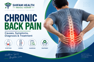 Chronic back pain infographic showing causes, symptoms, diagnosis, and treatment.