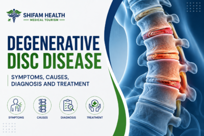 Degenerative Disc Disease infographic showing symptoms, causes, diagnosis, and treatment.