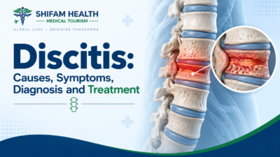 Discitis infographic showing causes, symptoms, diagnosis, and treatment with an inflamed spinal disc highlighted.
