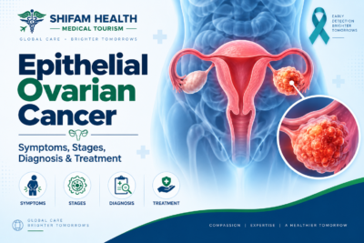 Epithelial ovarian cancer infographic showing symptoms, stages, diagnosis, and treatment with a highlighted ovarian tumor.