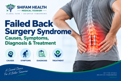 Failed Back Surgery Syndrome infographic showing lower back pain, spinal implants, causes, symptoms, diagnosis, and treatment.