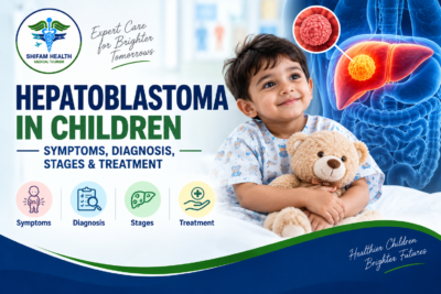 Hepatoblastoma in children showing a child with a teddy bear alongside a medical illustration of the liver and tumor.