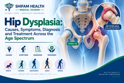 Hip dysplasia infographic showing causes, symptoms, diagnosis, and treatment across different age groups.