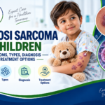 Kaposi sarcoma in children showing characteristic skin lesions with a medical illustration of HHV-8 and treatment concepts.
