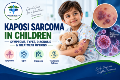 Kaposi sarcoma in children showing characteristic skin lesions with a medical illustration of HHV-8 and treatment concepts.