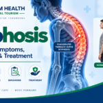 Kyphosis infographic showing spinal curvature, causes, symptoms, diagnosis, and treatment.