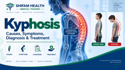 Kyphosis infographic showing spinal curvature, causes, symptoms, diagnosis, and treatment.