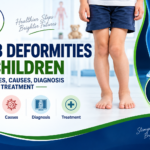 Limb deformities in children showing leg alignment abnormalities, knee X-ray illustration, and treatment concepts.