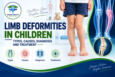 Limb deformities in children showing leg alignment abnormalities, knee X-ray illustration, and treatment concepts.