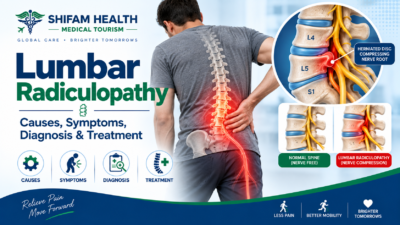 Lumbar radiculopathy infographic showing lower spine nerve compression, causes, symptoms, diagnosis, and treatment.