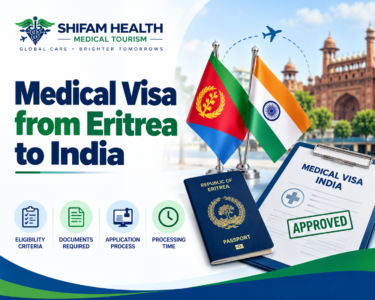 Medical visa from Eritrea to India infographic showing Eritrean and Indian flags, passport, visa approval, eligibility, documents, application process, and processing time.