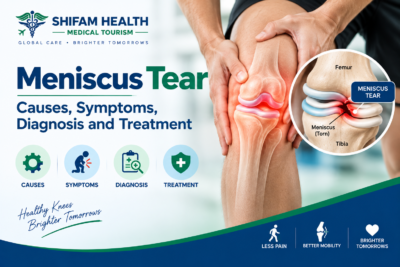 Meniscus tear infographic showing knee anatomy, causes, symptoms, diagnosis, and treatment.