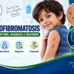 Neurofibromatosis illustration showing a child with skin markings, neurofibromas, nervous system involvement, and medical care concepts.