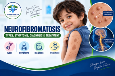 Neurofibromatosis illustration showing a child with skin markings, neurofibromas, nervous system involvement, and medical care concepts.