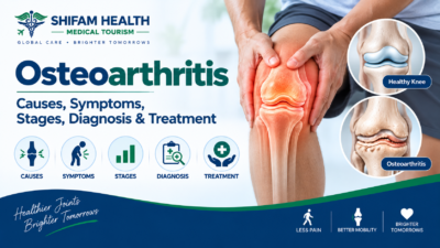 Osteoarthritis infographic showing knee joint damage, causes, symptoms, stages, diagnosis, and treatment.