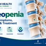 Osteopenia infographic showing lower bone density, causes, symptoms, diagnosis, and treatment.