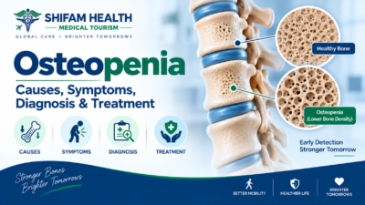 Osteopenia infographic showing lower bone density, causes, symptoms, diagnosis, and treatment.