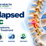 Prolapsed disc infographic showing spinal disc herniation, nerve compression, causes, symptoms, diagnosis, and treatment.