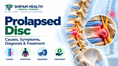 Prolapsed disc infographic showing spinal disc herniation, nerve compression, causes, symptoms, diagnosis, and treatment.