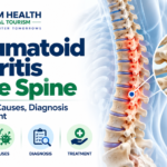 Rheumatoid arthritis of the spine infographic showing spinal inflammation, symptoms, causes, diagnosis, and treatment.