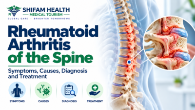 Rheumatoid arthritis of the spine infographic showing spinal inflammation, symptoms, causes, diagnosis, and treatment.