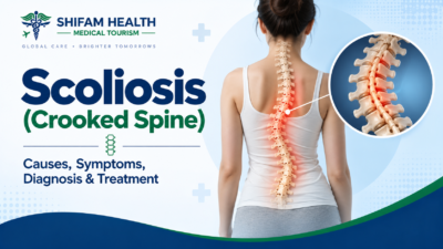 Scoliosis (crooked spine) infographic showing causes, symptoms, diagnosis, and treatment with a curved spine highlighted.