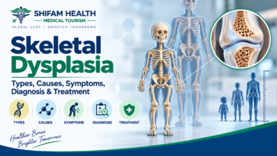 Skeletal Dysplasia infographic showing types, causes, symptoms, diagnosis, and treatment with skeletal and joint illustrations.